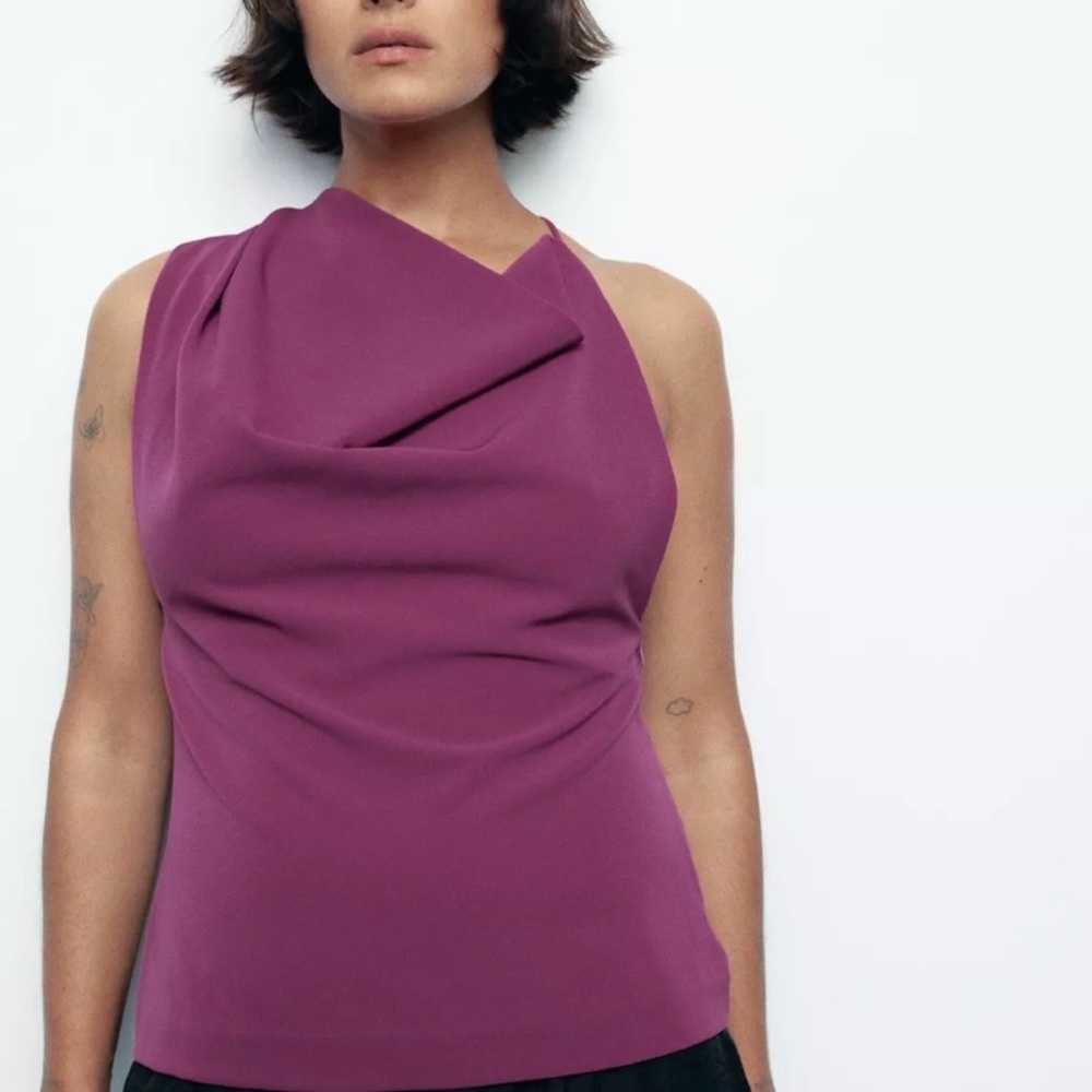 ZARA NWT Plum crepe asymmetrical top - Elegant Purple Sleeveless Top - Picture 2 of 5